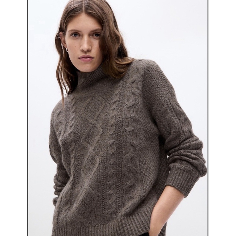 Gap Women's Brown‎ Wool Blend Cable Knit Mockneck LS Sweater Sz S Tall Cozy